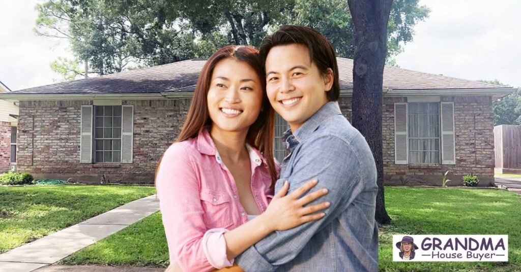 Smiling couple in front of their Texas home after avoiding foreclosure with help from Grandma House Buyer