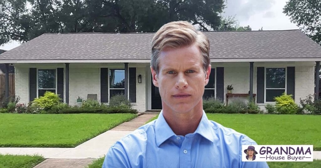 Worried Texas homeowner standing in front of house with negative equity, exploring selling options with Grandma House Buyer