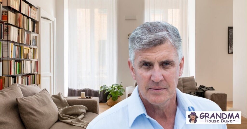 Man standing in a cozy Texas living room during bankruptcy, considering options to sell his house with Grandma House Buyer